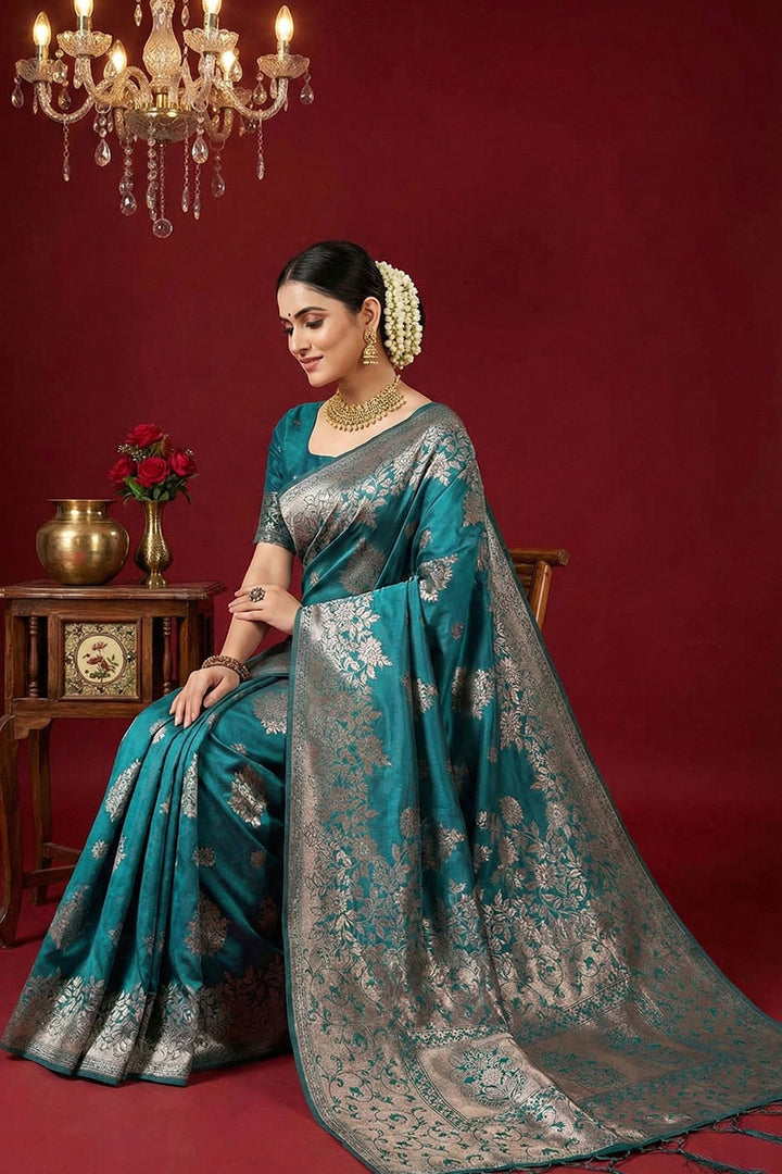 Sea Green Color Weaving Work Graceful Silk Blend Saree