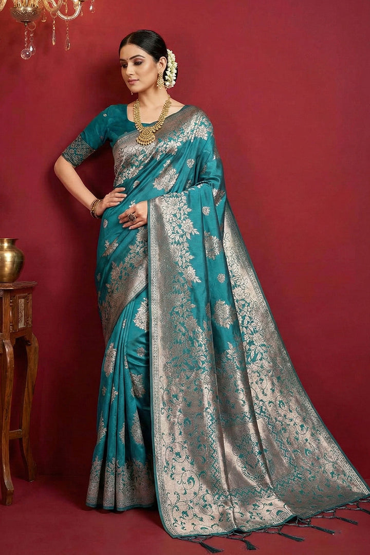 Sea Green Color Weaving Work Graceful Silk Blend Saree