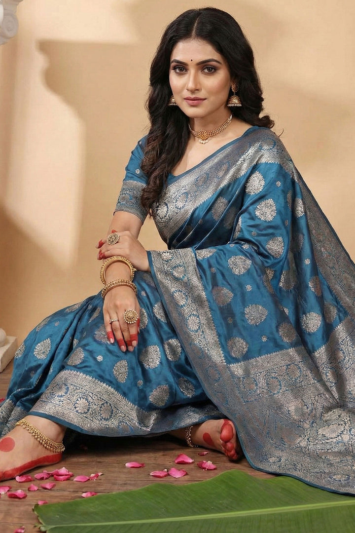 Sky Blue Color Weaving Work Silk Blend Saree For Festive | Buy Online India