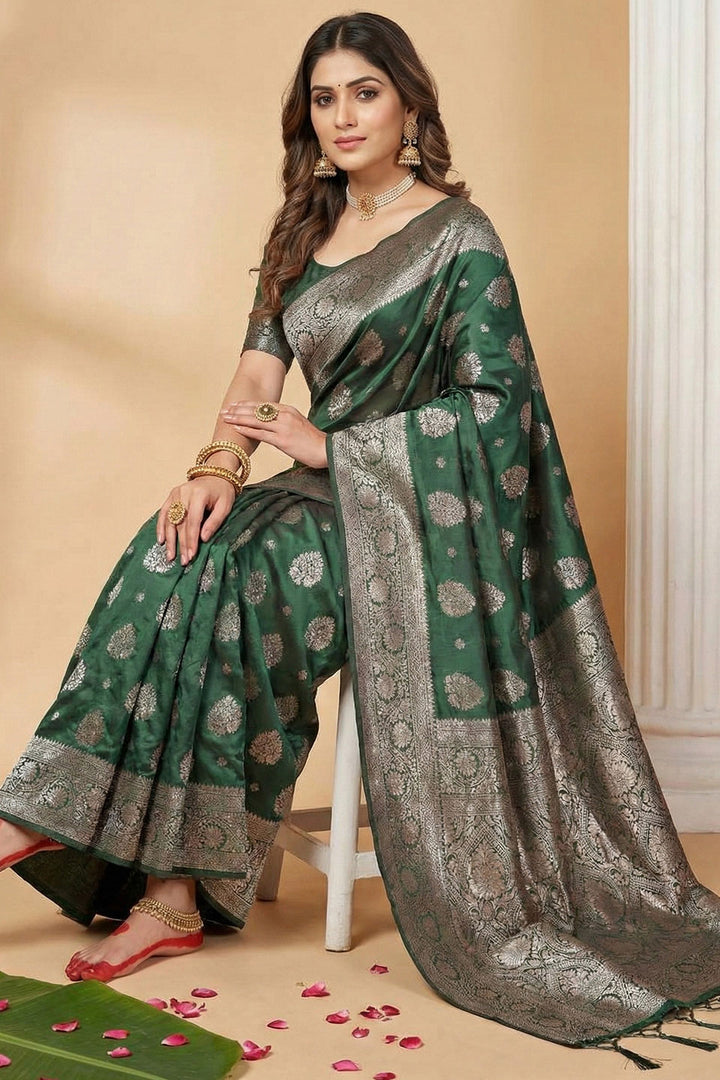 Dark Green Woven Designs Silk Blend Festive Saree | Buy Online India