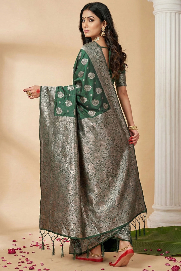 Dark Green Woven Designs Silk Blend Festive Saree | Buy Online India