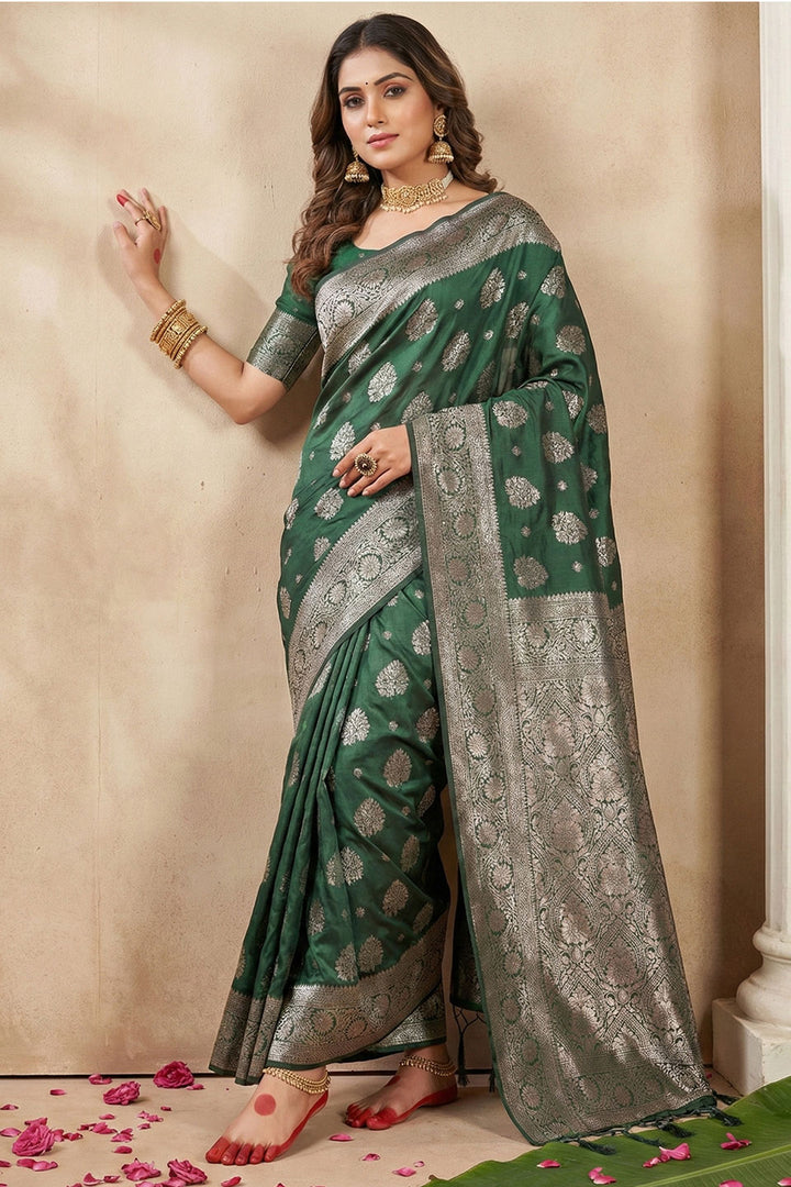 Dark Green Woven Designs Silk Blend Festive Saree | Buy Online India