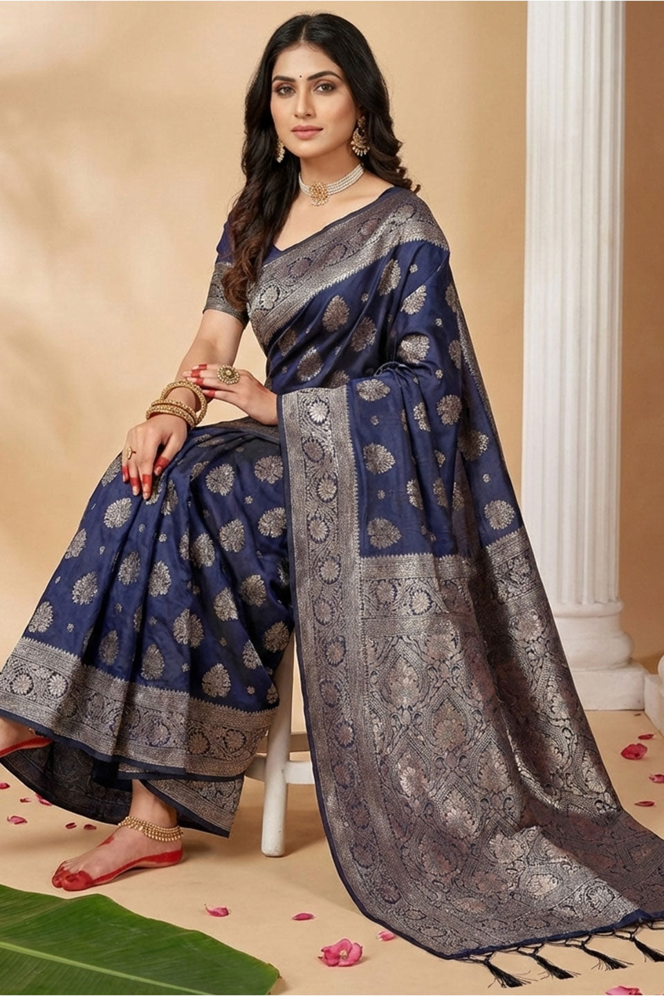 Festive Style Navy Blue Weaving Work Silk Blend Saree | Buy Online India