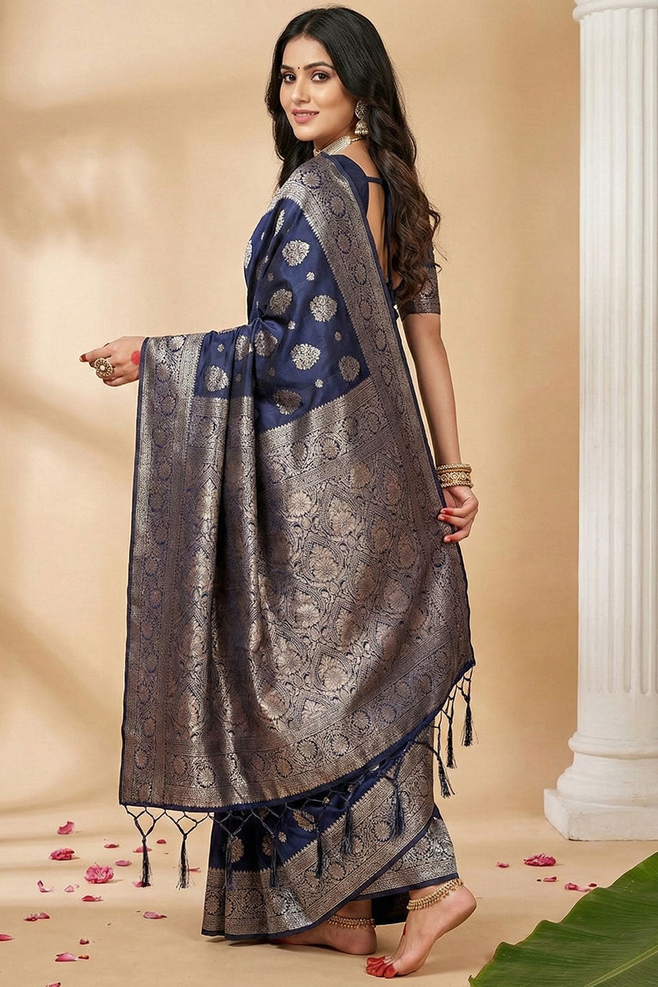 Festive Style Navy Blue Weaving Work Silk Blend Saree | Buy Online India