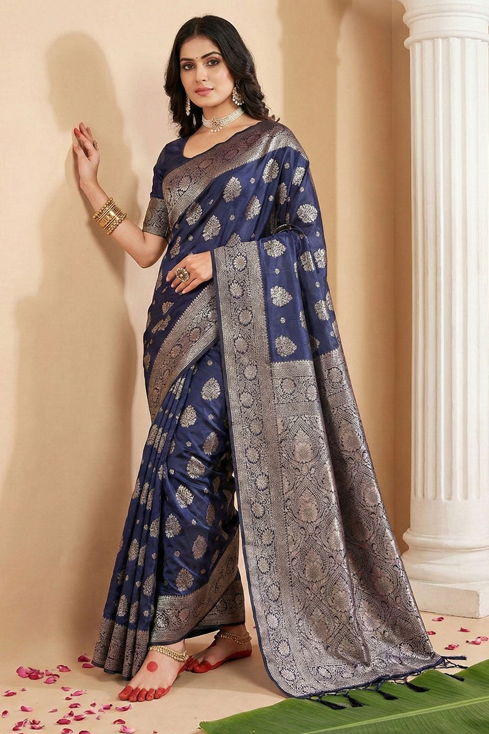 Festive Style Navy Blue Weaving Work Silk Blend Saree | Buy Online India