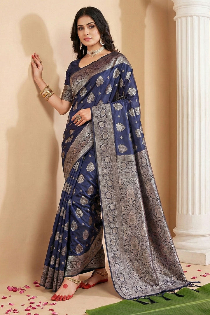 Festive Style Navy Blue Weaving Work Silk Blend Saree | Buy Online India