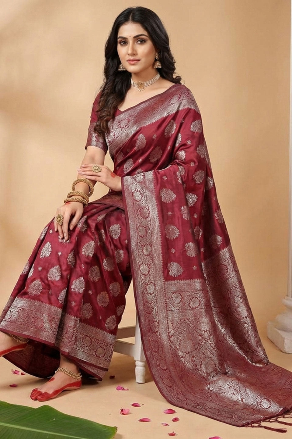 Weaving Work Attractive Silk Blend Saree In Maroon Color | Buy Online India