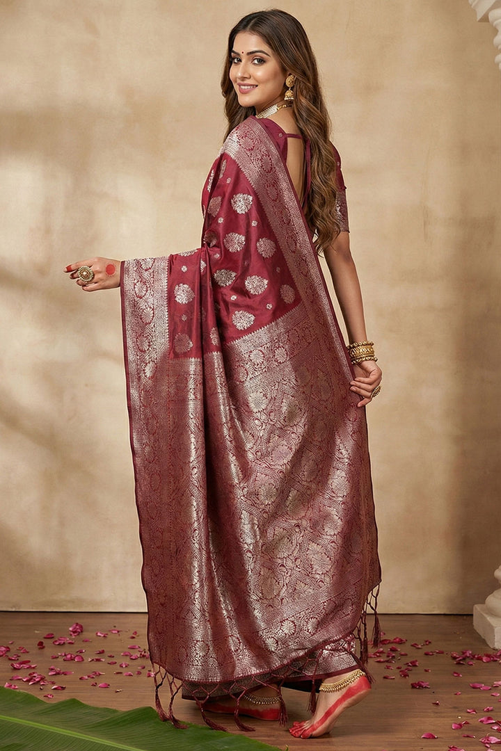 Weaving Work Attractive Silk Blend Saree In Maroon Color | Buy Online India