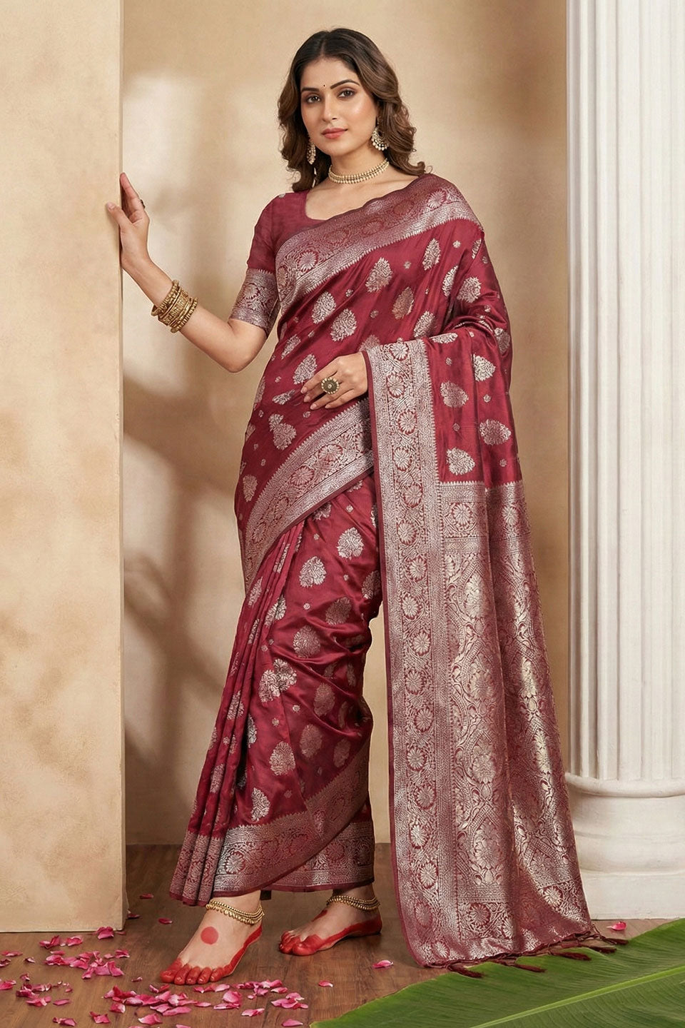 Weaving Work Attractive Silk Blend Saree In Maroon Color | Buy Online India