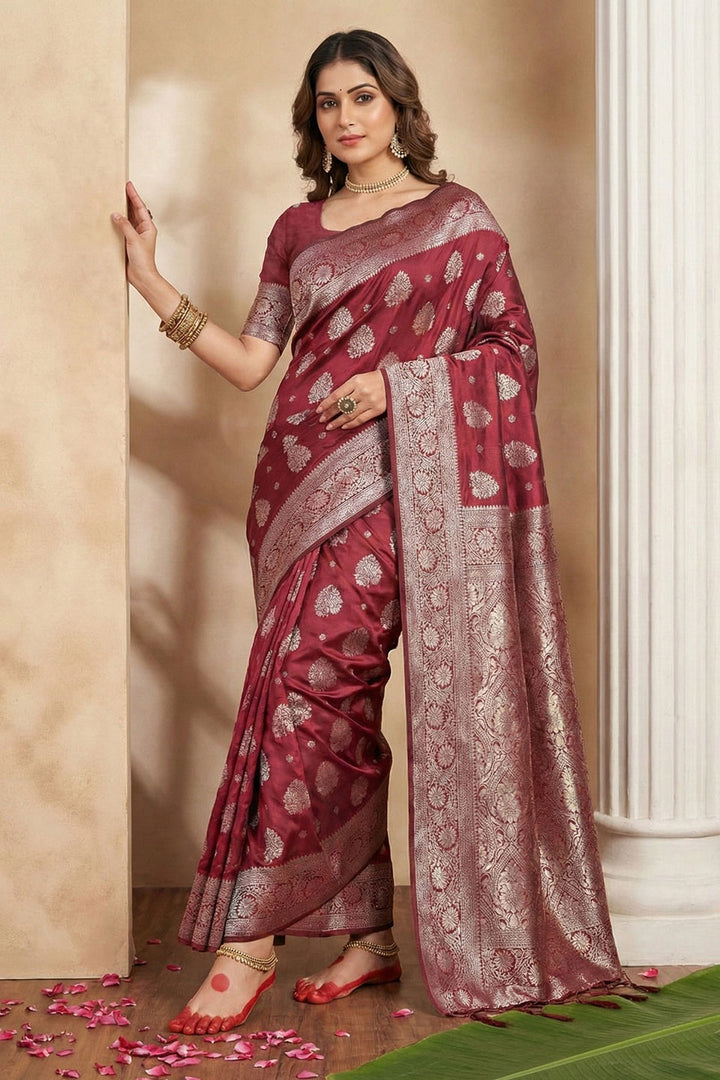 Weaving Work Attractive Silk Blend Saree In Maroon Color | Buy Online India