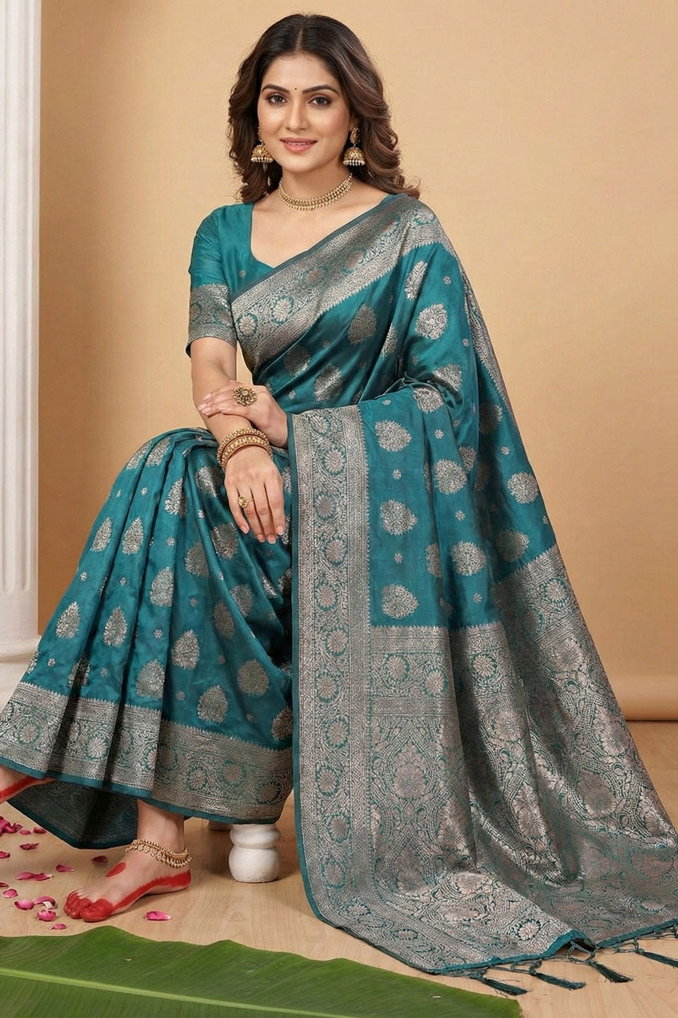 Festive Style Sea Green Color Weaving Work Silk Blend Saree | Buy Online India