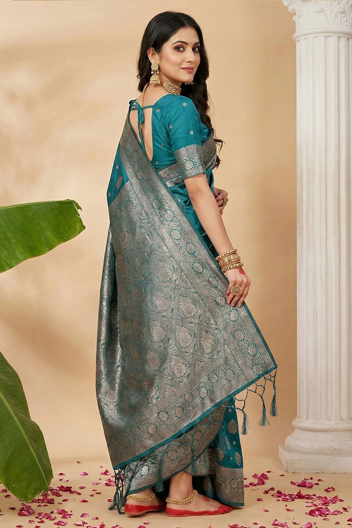 Festive Style Sea Green Color Weaving Work Silk Blend Saree | Buy Online India