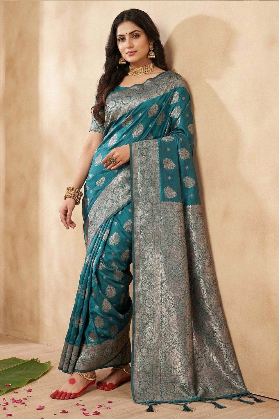 Festive Style Sea Green Color Weaving Work Silk Blend Saree | Buy Online India