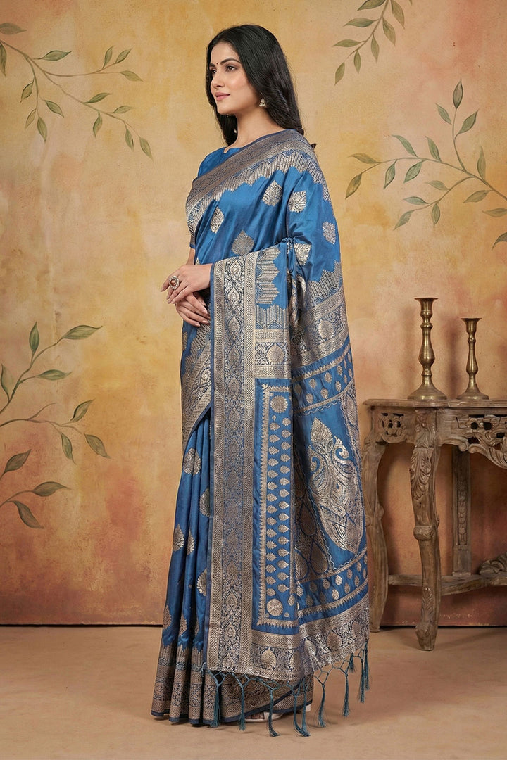 Sky Blue Color Weaving Work Banarsi Silk Blend Saree | Buy Online India