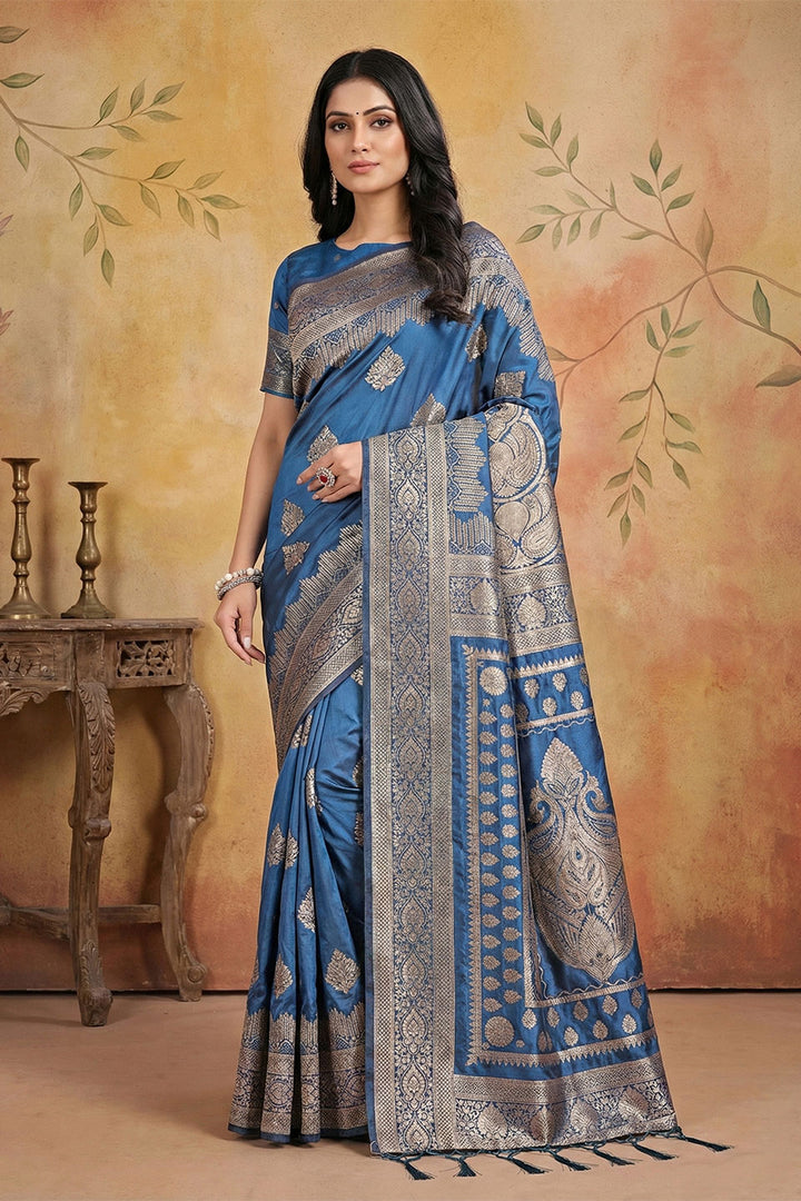 Sky Blue Color Weaving Work Banarsi Silk Blend Saree | Buy Online India