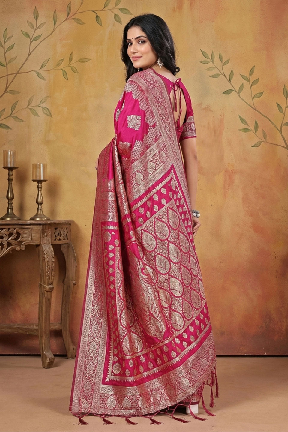 Weaving Work Magenta Color Banarsi Silk Blend Saree | Buy Online India