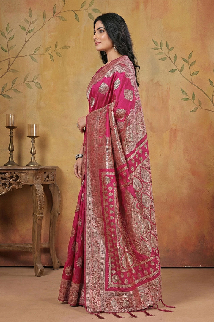 Weaving Work Magenta Color Banarsi Silk Blend Saree | Buy Online India