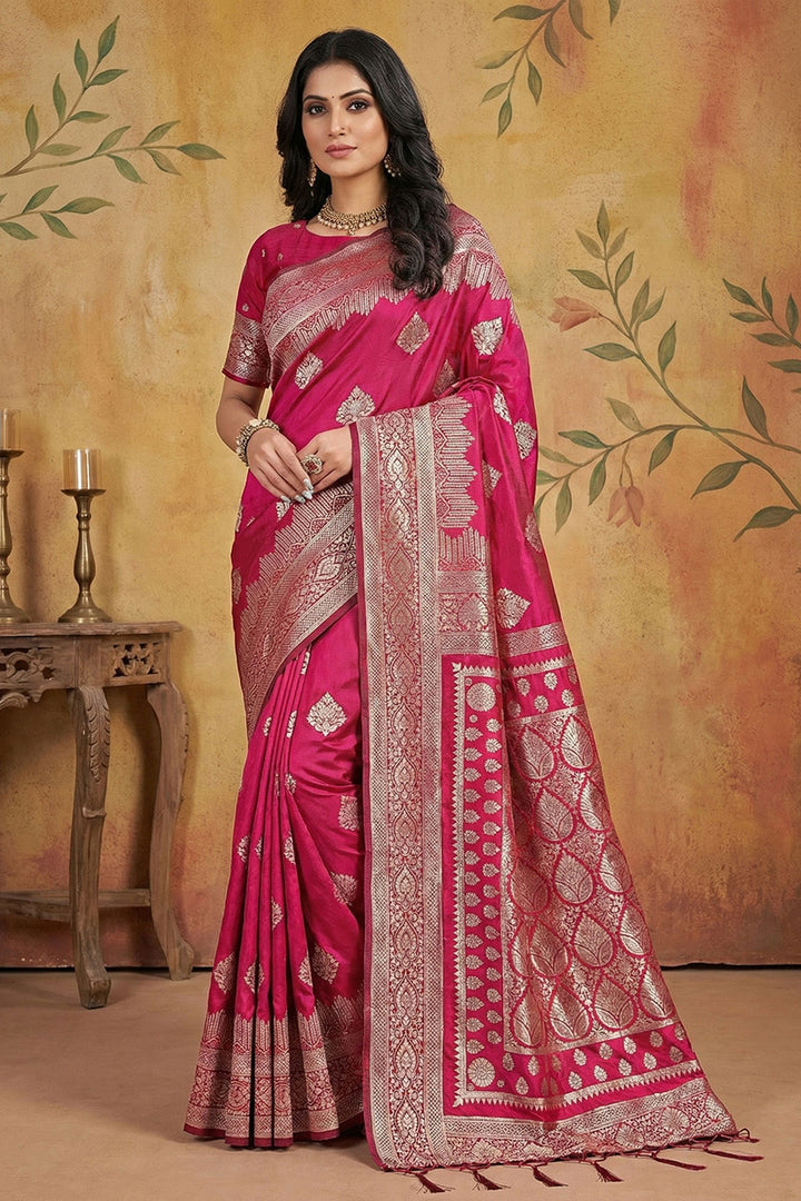 Weaving Work Magenta Color Banarsi Silk Blend Saree | Buy Online India