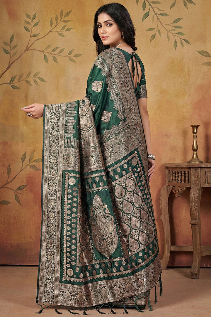 Banarsi Silk Blend Weaving Work Saree In Green Color | Buy Online India