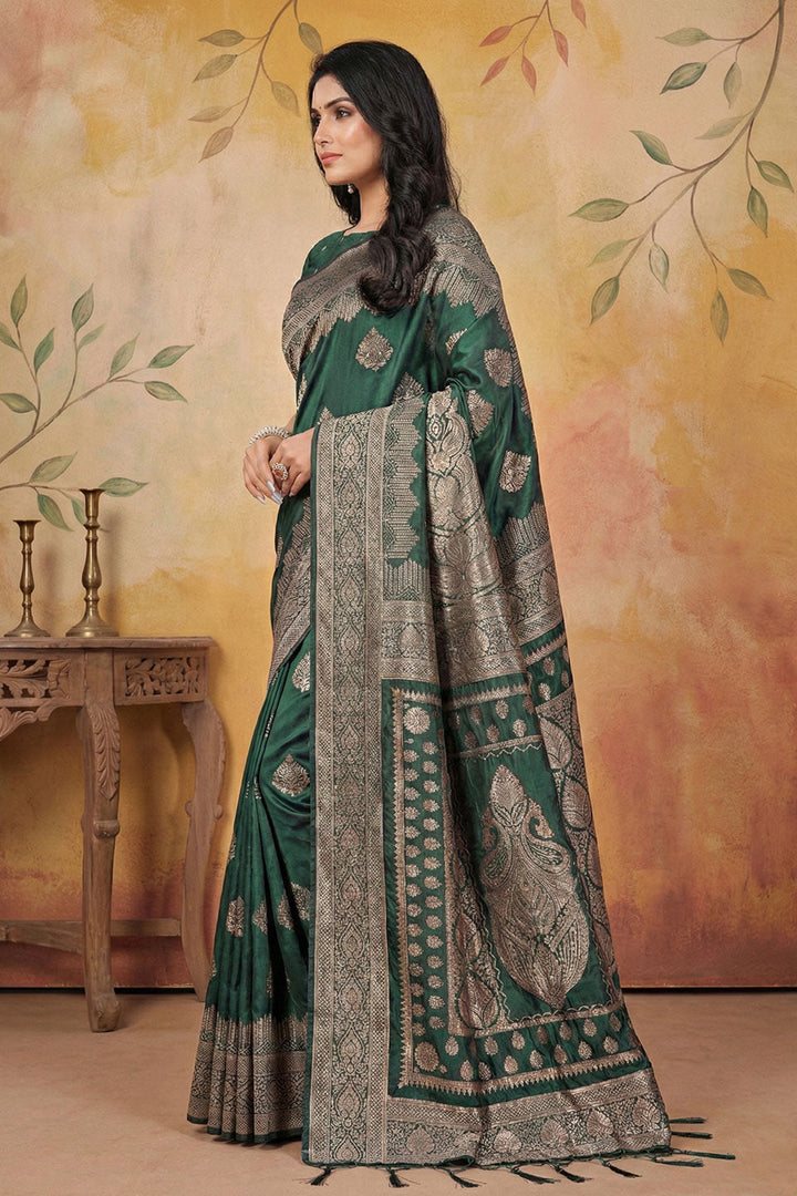 Banarsi Silk Blend Weaving Work Saree In Green Color | Buy Online India