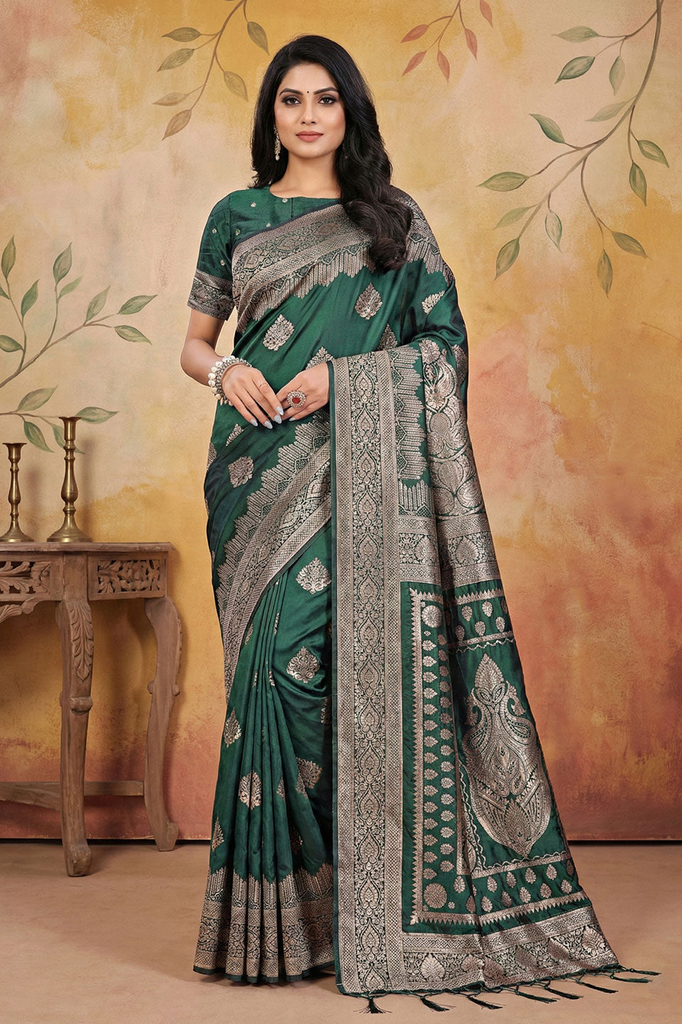 Banarsi Silk Blend Weaving Work Saree In Green Color | Buy Online India
