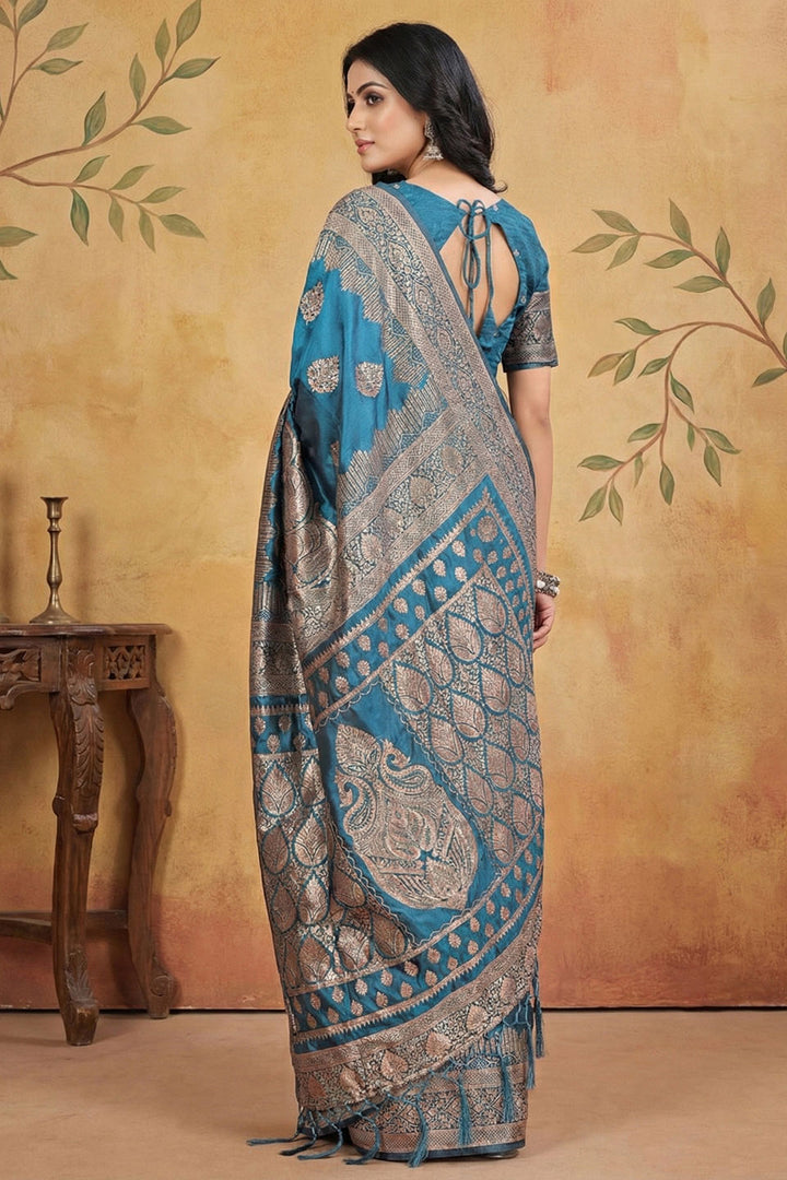 Weaving Work Soothing Banarsi Silk Blend Saree In Teal Color | Buy Online India
