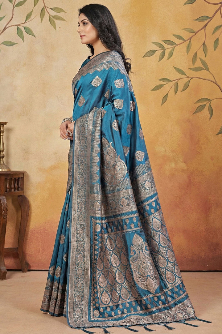 Weaving Work Soothing Banarsi Silk Blend Saree In Teal Color | Buy Online India