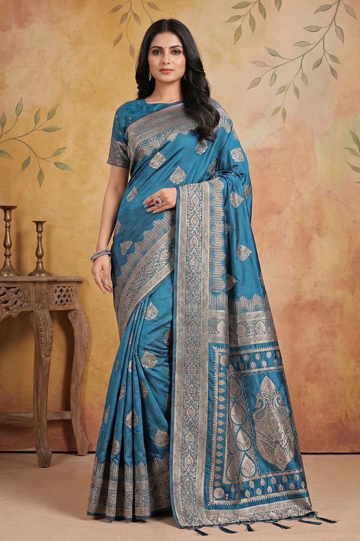 Weaving Work Soothing Banarsi Silk Blend Saree In Teal Color | Buy Online India