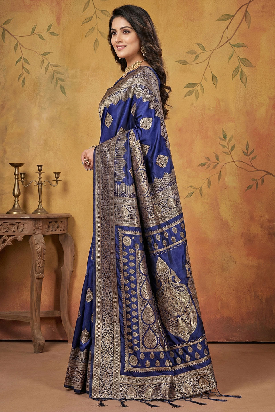 Navy Blue Glorious Banarsi Silk Blend Saree With Weaving Work | Buy Online India