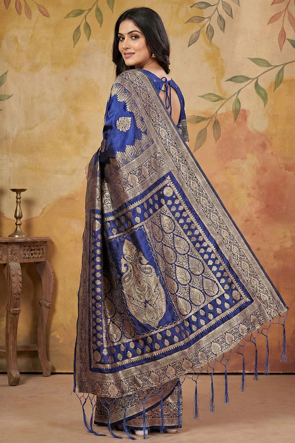 Navy Blue Glorious Banarsi Silk Blend Saree With Weaving Work | Buy Online India