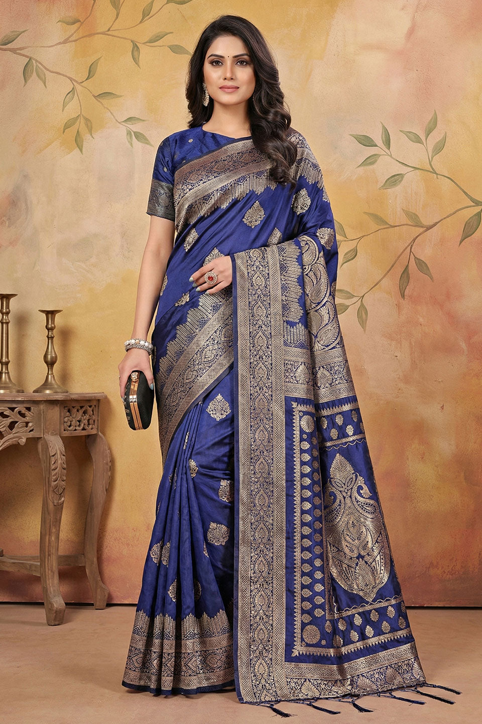 Navy Blue Glorious Banarsi Silk Blend Saree With Weaving Work | Buy Online India