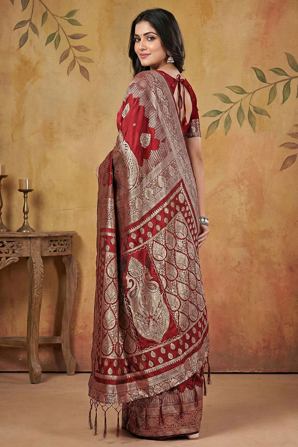 Delicate Weaving Work Banarsi Silk Blend Maroon Saree | Buy Online India