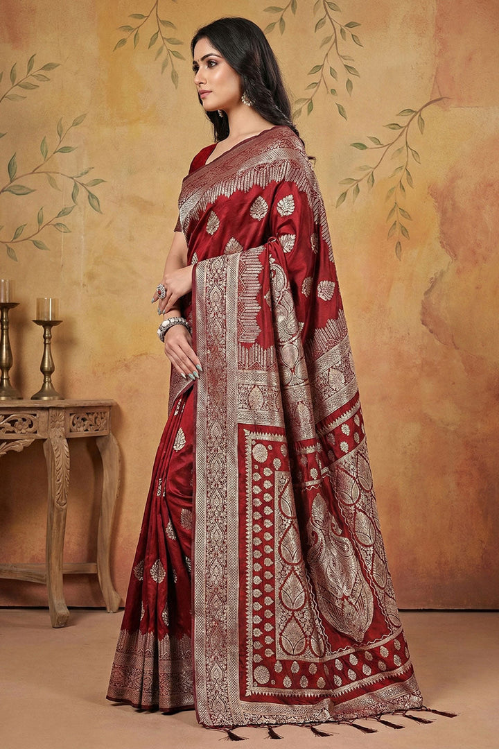 Delicate Weaving Work Banarsi Silk Blend Maroon Saree | Buy Online India