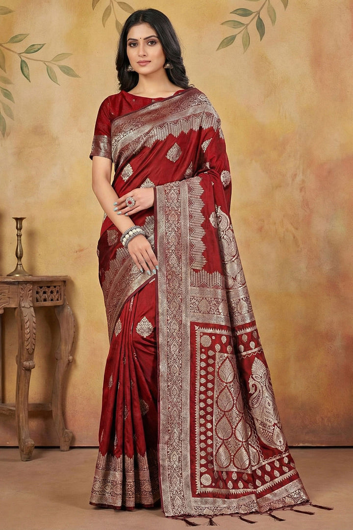 Delicate Weaving Work Banarsi Silk Blend Maroon Saree | Buy Online India