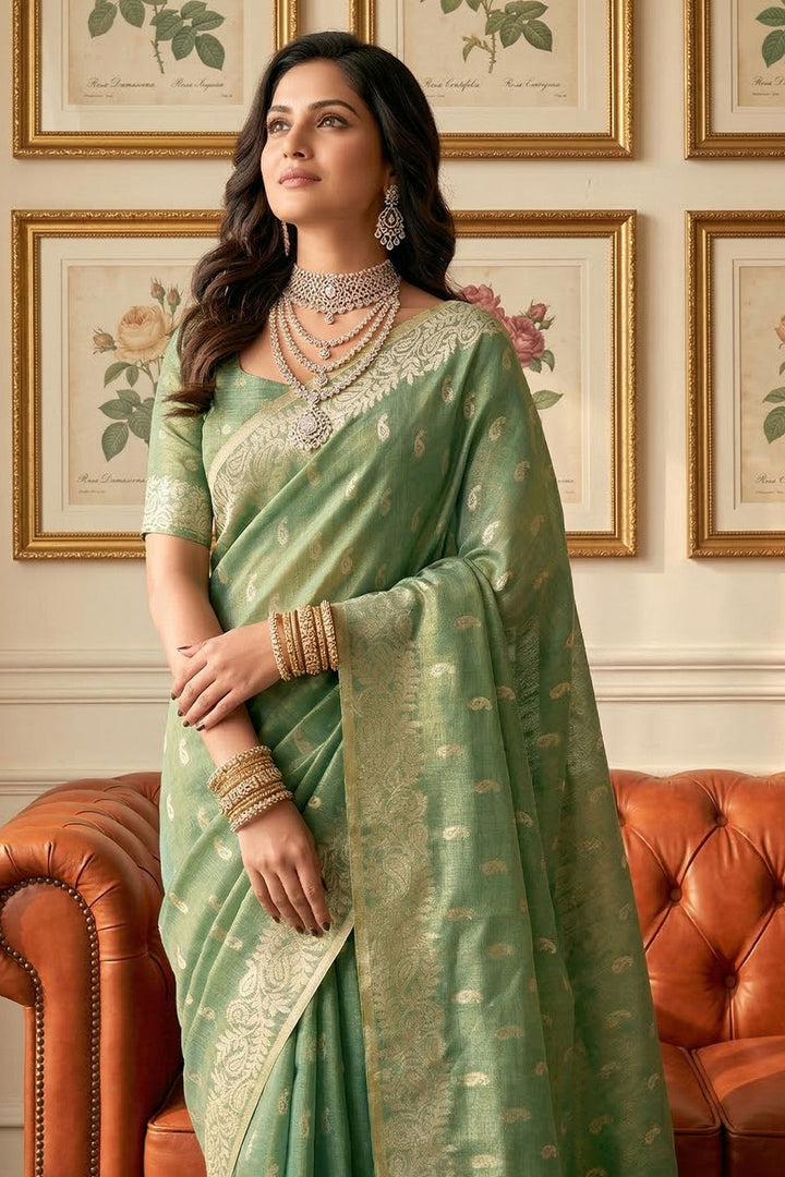 Glorious Function Wear Green Weaving Work Tissue Silk Saree