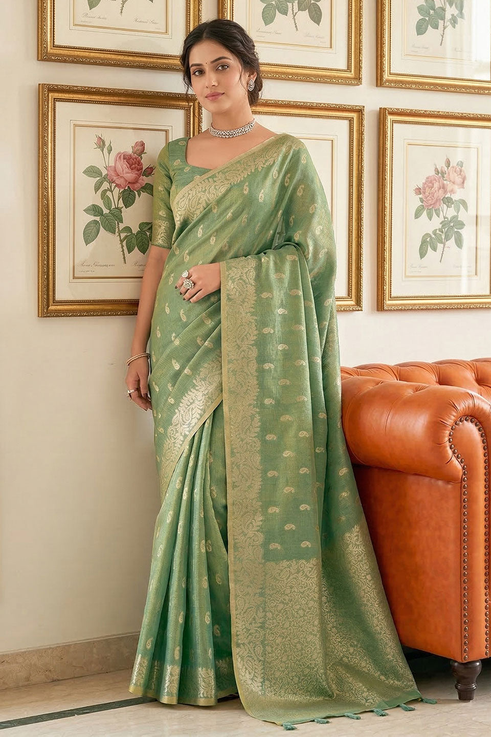 Glorious Function Wear Green Weaving Work Tissue Silk Saree