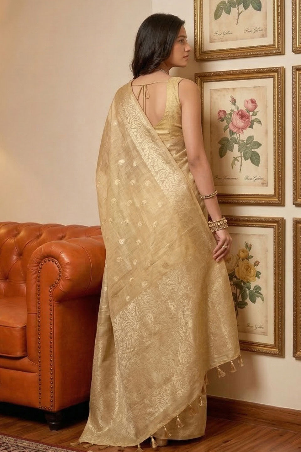 Attractive Function Wear Cream Weaving Work Tissue Silk Saree