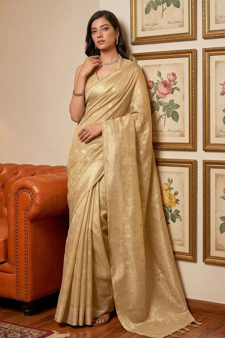 Attractive Function Wear Cream Weaving Work Tissue Silk Saree