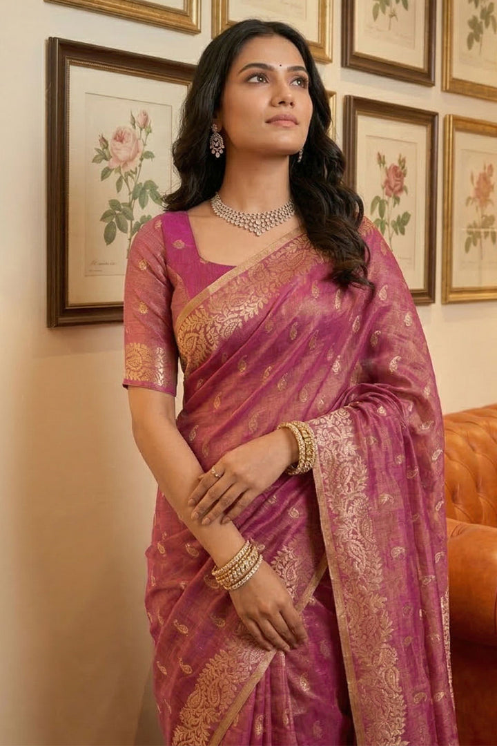 Radiant Wine Function Wear Weaving Work Tissue Silk Saree