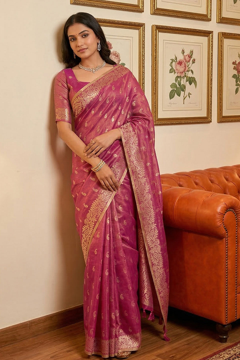 Radiant Wine Function Wear Weaving Work Tissue Silk Saree