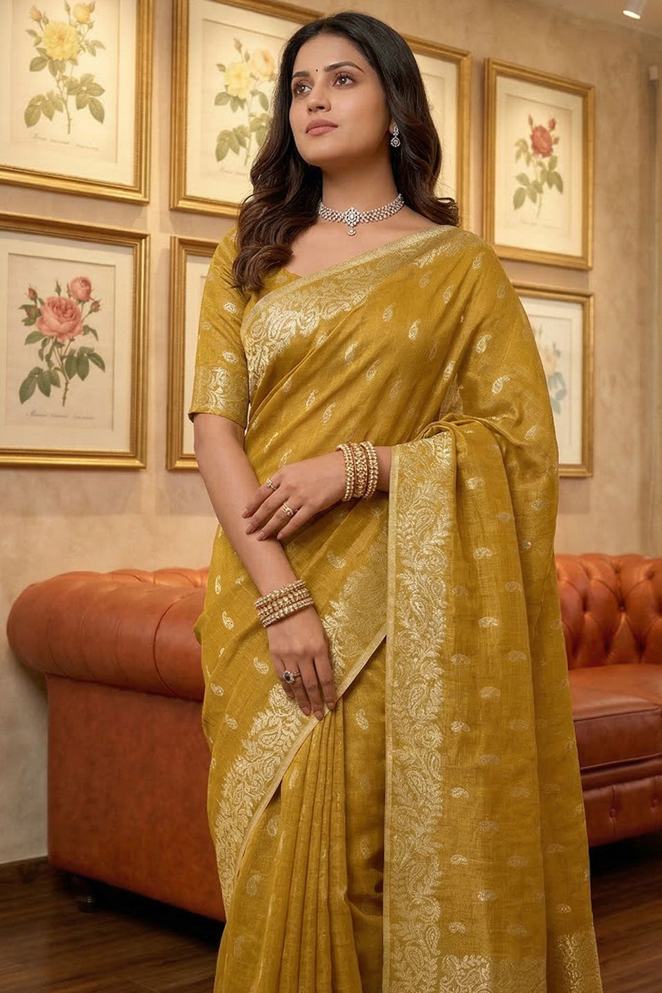 Mustard Function Wear Weaving Work Tissue Silk Saree