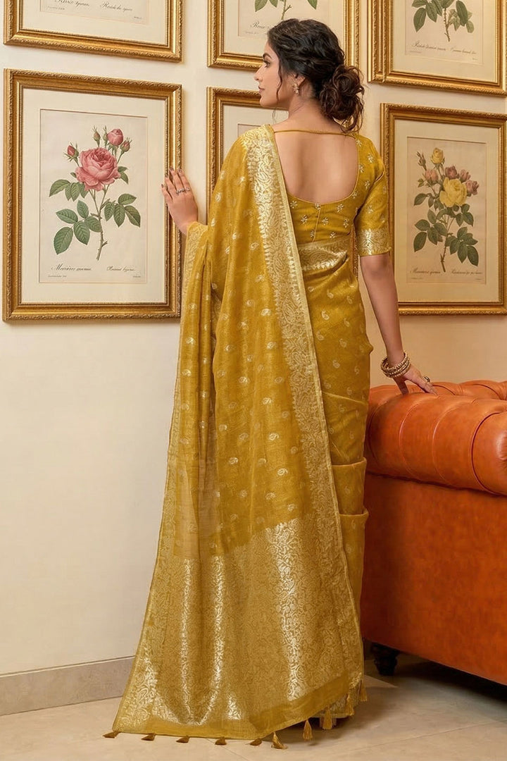 Mustard Function Wear Weaving Work Tissue Silk Saree