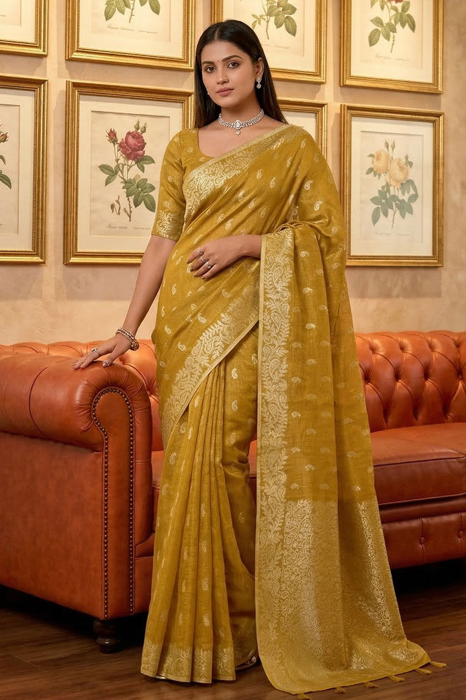 Mustard Function Wear Weaving Work Tissue Silk Saree