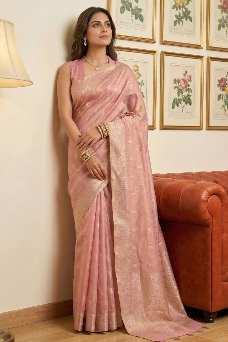 Graceful Function Wear Weaving Work Pink Tissue Silk Saree