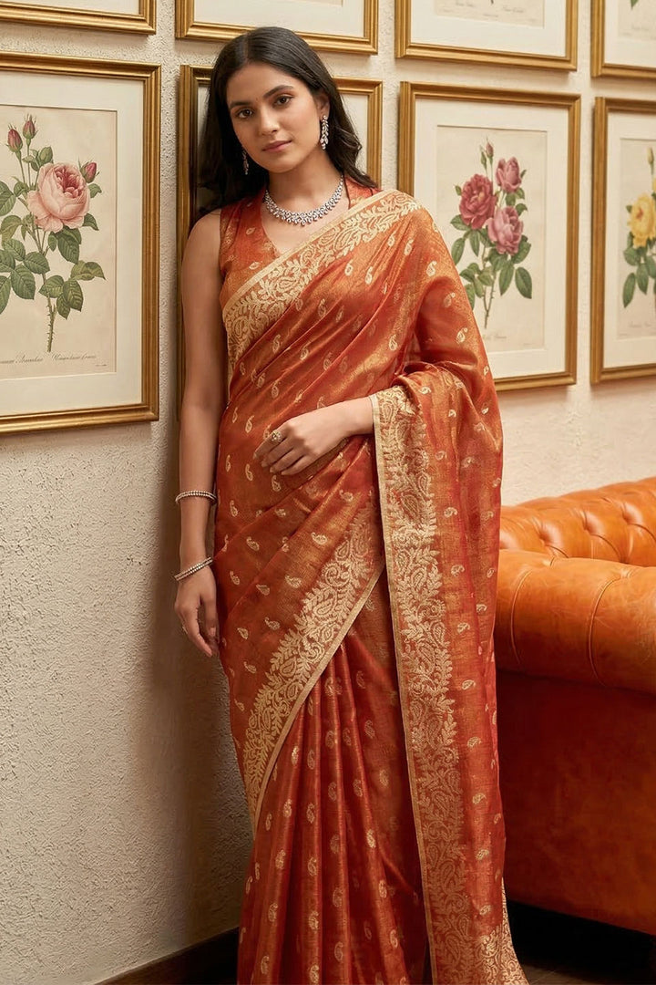 Function Wear Weaving Work Rust Color Tissue Silk Saree