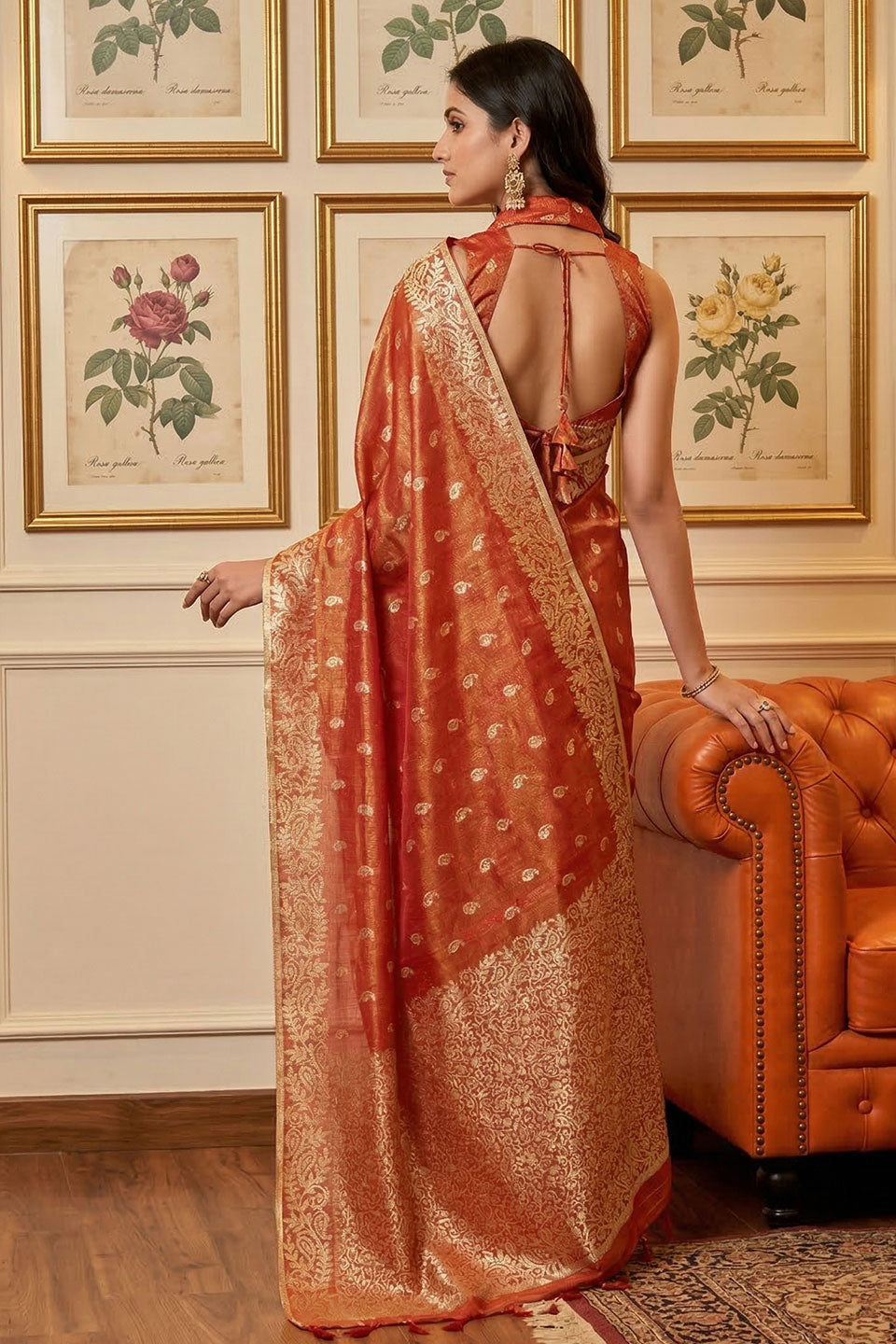 Function Wear Weaving Work Rust Color Tissue Silk Saree