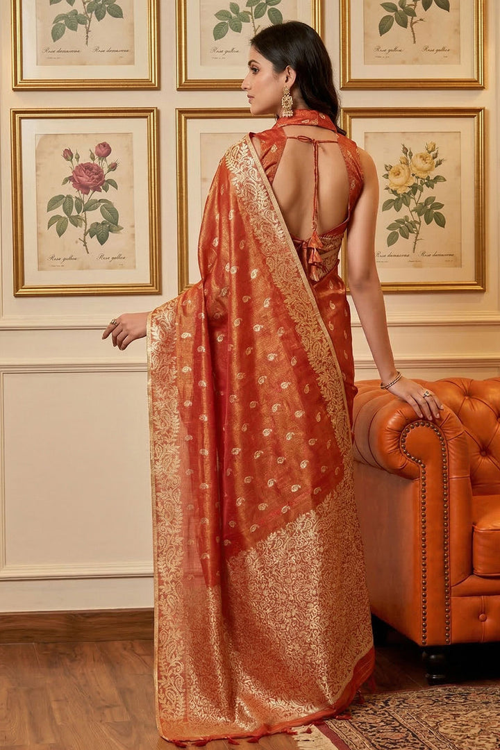 Function Wear Weaving Work Rust Color Tissue Silk Saree