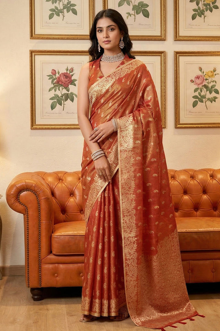 Function Wear Weaving Work Rust Color Tissue Silk Saree