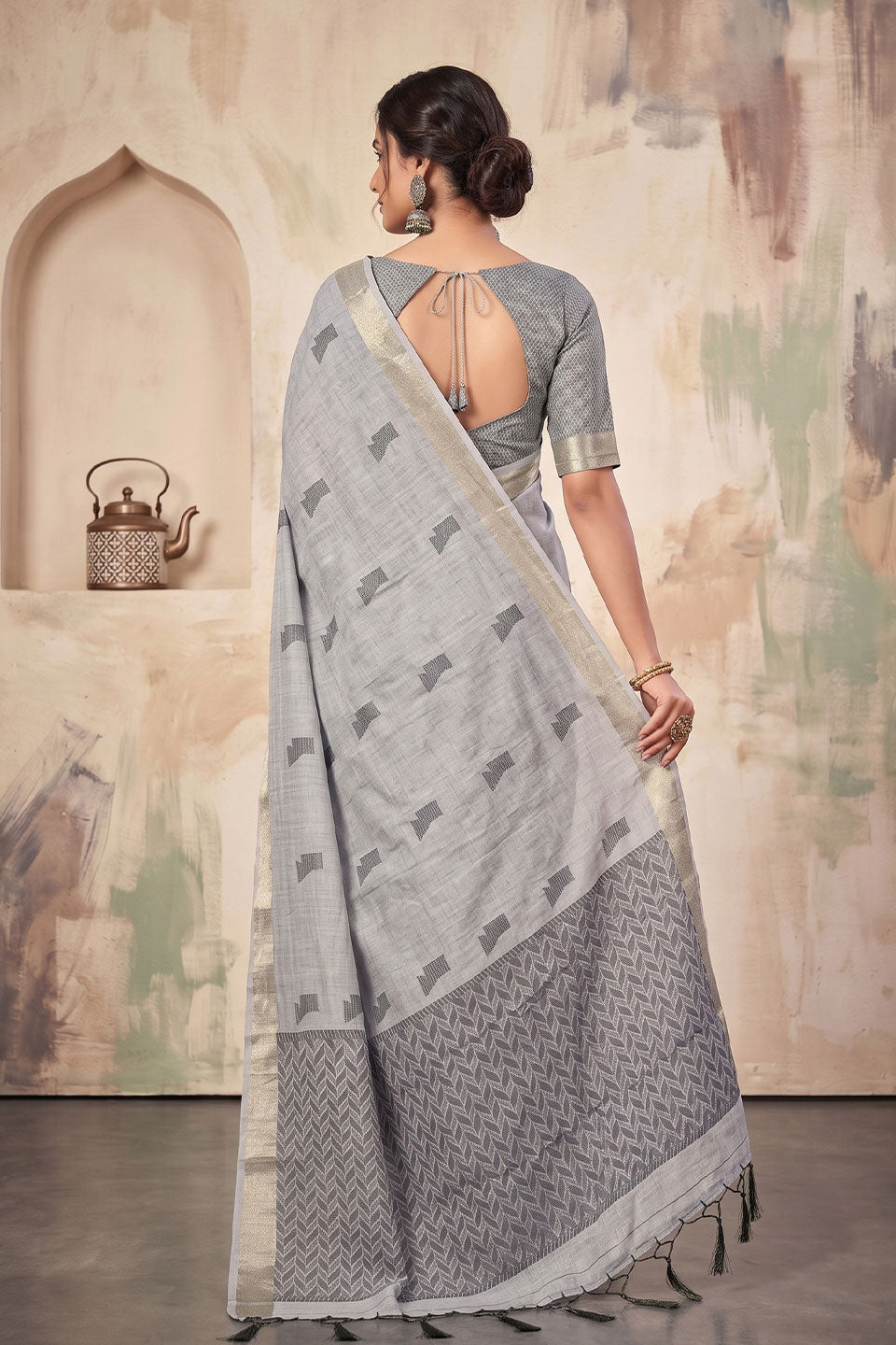 Grey Color Festive Style Linen Saree | Buy Online India