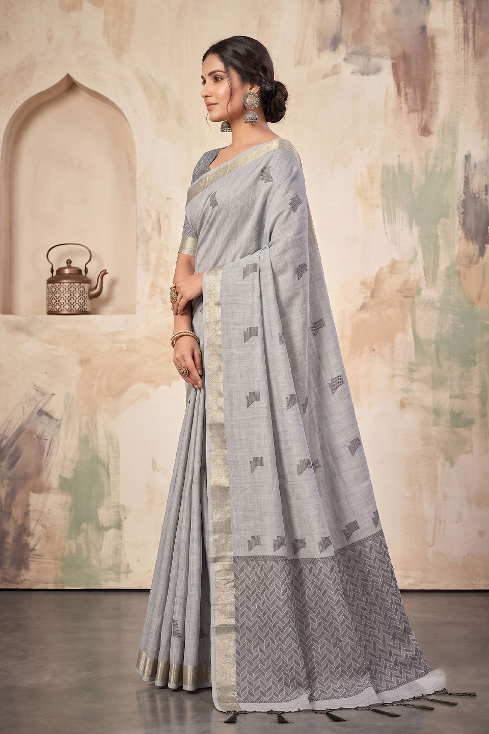 Grey Color Festive Style Linen Saree | Buy Online India